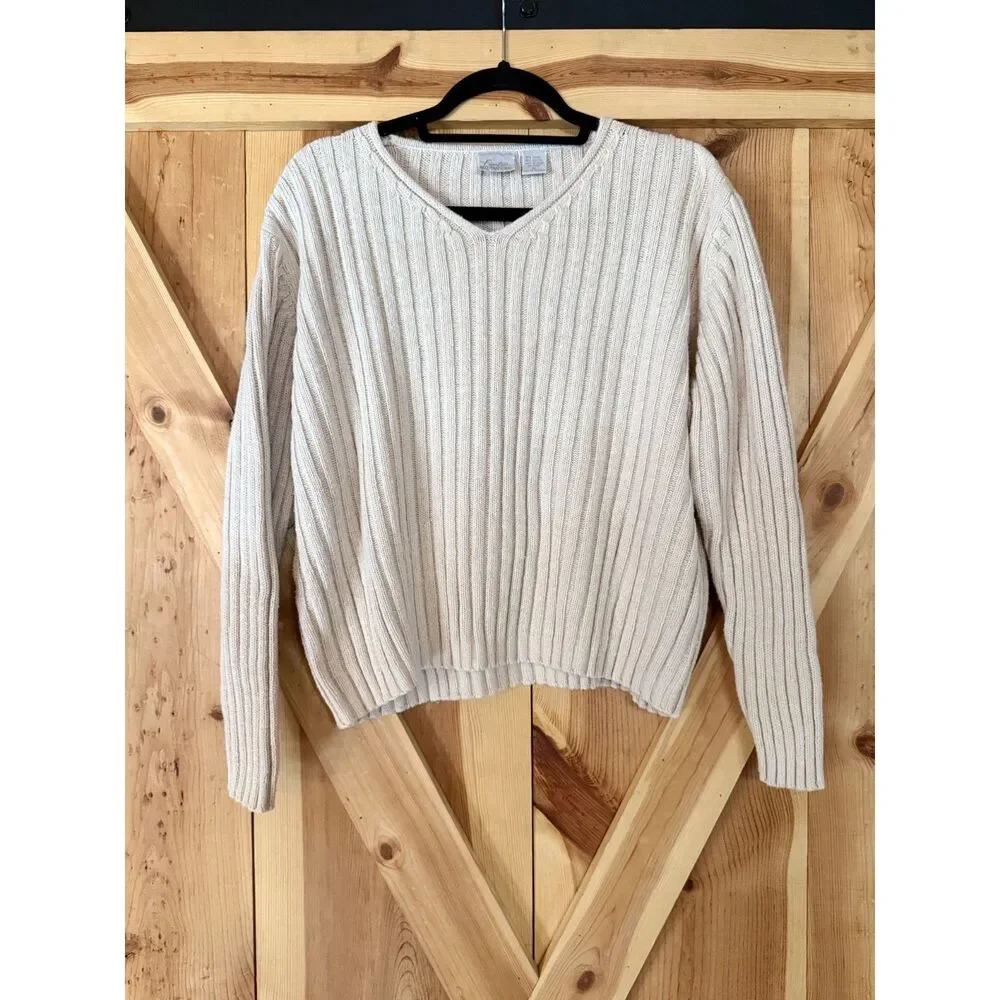 Vintage Y2K Cream Ribbed V Neck Sweater Womens XL Coastal Grandmother Minimalist